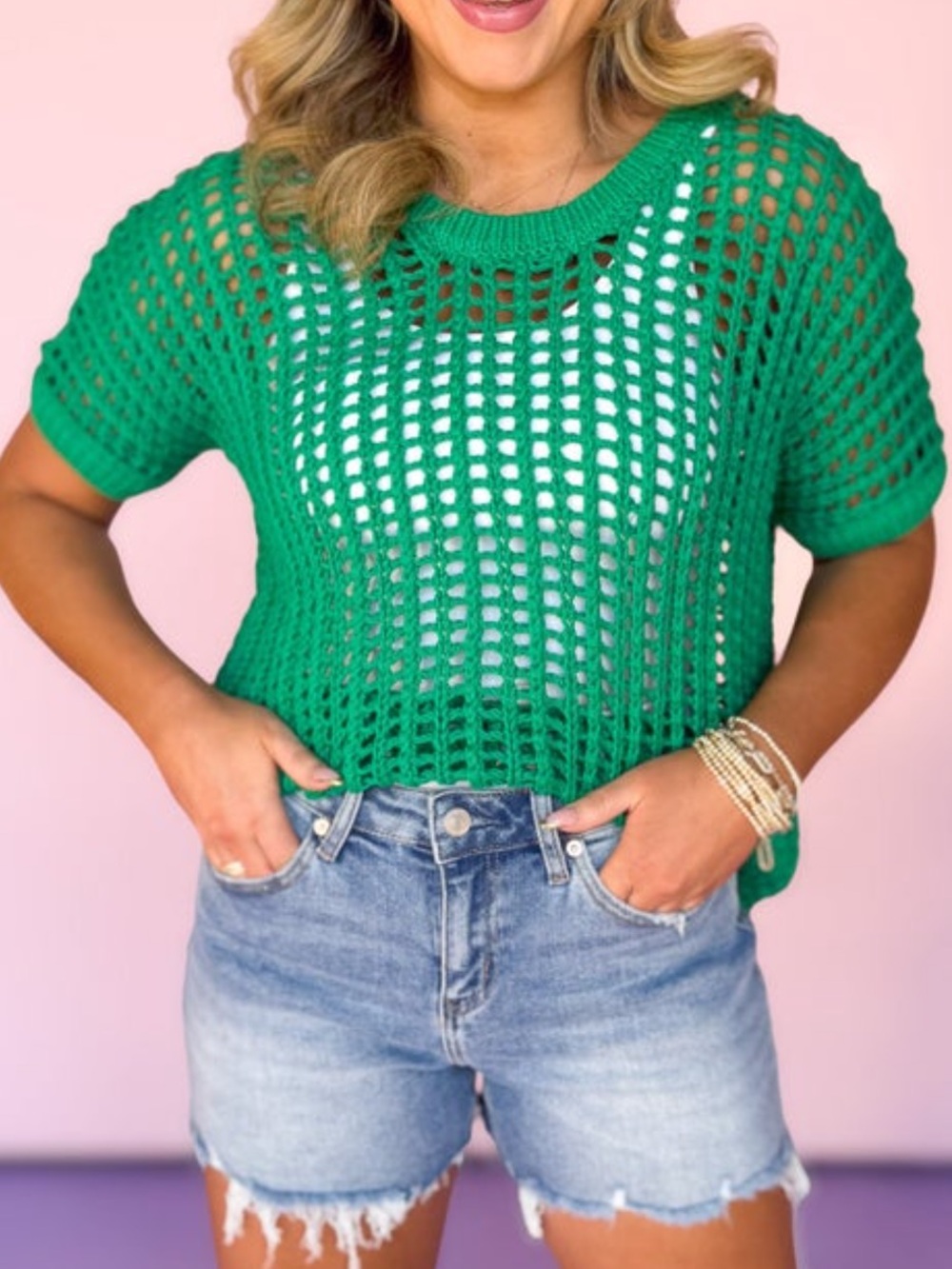Zenana Outfitters Green Open-Knit Short Sleeve Sweater